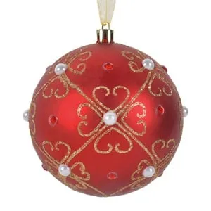 Glob Decorativ Brad de Craciun Rosu Mat cu Model Floral