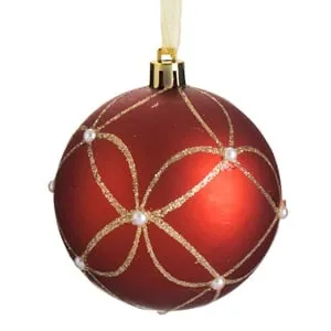 Glob decorativ pentru bradul de Craciun roșu mat cu glitter aur și margini