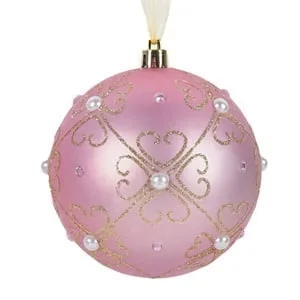 Glob decorativ de Craciun roz mat cu model floral și strasuri aurii