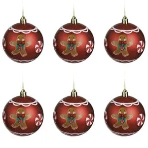 Set Globuri de Craciun Rosii Mate cu Figurine de Om de Turta Dulce