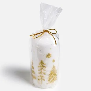 Lumanare decor Craciun albă cu glitter auriu brazi