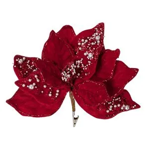 Floare decorativă de Crăciun, roșie, cu mărgele albe și clips, 24 cm