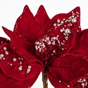 Floare decorativă de Crăciun, roșie, cu mărgele albe și clips, 24 cm – poza 3
