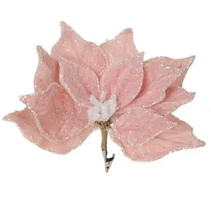 Floare decorativa de Craciun cu clips, Roz Frosty cu Glitter Argintiu, 24 cm