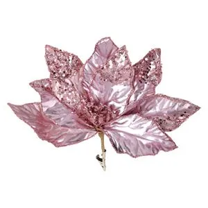 Floare decorativă de Crăciun, roz metalizat, cu glitter și clips, 26 cm