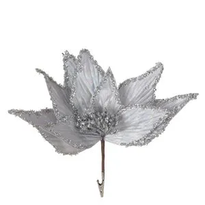Floare decorativă de Crăciun cu clips, argintie cu glitter, 30 cm