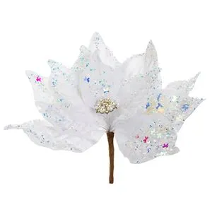 Floare decorativă de Crăciun albă cu cristale holografice și clips