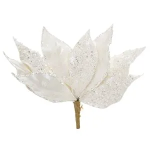 Floare decorativa de Craciun cu clips, alba, cu glitter si margele, 27 cm