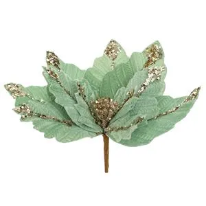 Floare decorativa de Craciun catifelata, verde menta cu glitter sampaniu si paiete, cu clips, 26 cm