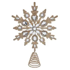 Vârf de Brad 3D Fulg de Zăpadă, Bej Auriu cu Glitter și Strass, 20 cm
