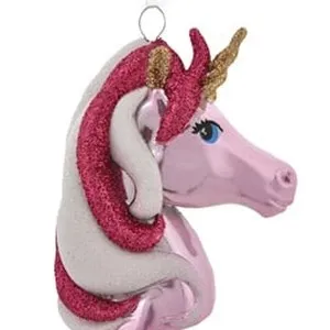 Cap de Unicorn 3D pentru Brad de Craciun cu Glitter Fucsia și Alb – poza 3