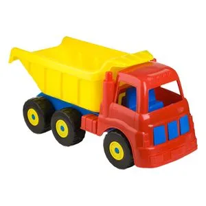 Camion de jucărie cu benă rabatabilă, 60x32x24 cm, roșu-albastru-galben