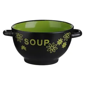 Bol ceramic pentru supă cu mâner, design floral negru și verde