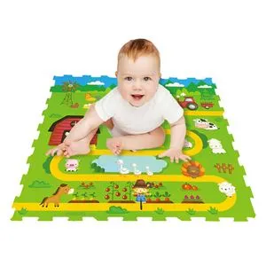 Covor Puzzle cu Model Ferma cu Animale, 9 Piese, 30,7x30,7cm, Verde