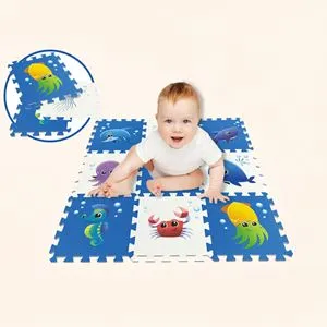 Covor Puzzle cu Animale Marine, 9 Piese, 32x32cm, Albastru