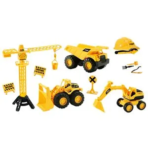 Set cu Vehicule de Construcții și Accesorii, Galben, Plastic