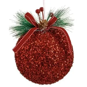 Ornament de Crăciun Glob Rosu cu Beteală și Ramuri