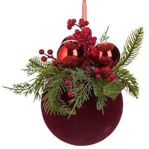 Ornament Brad de Craciun Glob Rosu Catifelat cu Ramura