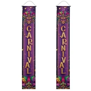 Banner textil vertical Carnival mov cu masti pentru decorare evenimente
