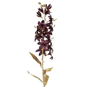 Flori Artificiale de Crăciun, Crin Bordo, Tulpină Lungă și Frunze Aurii (103 cm)