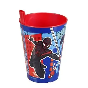 Pahar plastic pentru copii cu design Spiderman și pai incorporat