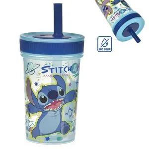 Pahar Plastic cu Pai Silicon No Drip Model Stitch 420ml