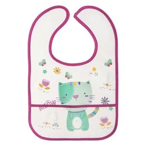 Bavetă cu Buzunar Colector Transparentă cu Model Pisică Verde Menta și Margine Fucsia, 23x35cm