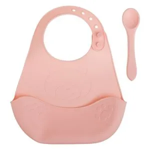 Bavetă cu colector de alimente și linguriță din silicon, Roz, Design Ursuleț, 22x28cm, 2 piese