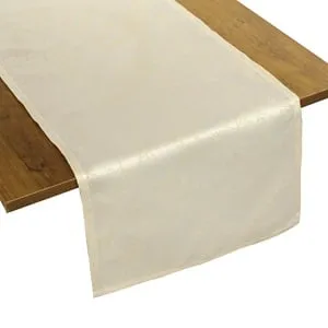 Runner Decorativ de Craciun, Ecru cu Model Frunze din Fir Auriu, 160x33cm