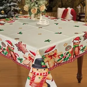 Masa de Crăciun ecru cu figurine de om de turta dulce 120x120cm