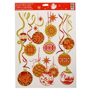 Autocolante Decorative Craciun Globuri Rosii cu Glitter Auriu 30x42cm