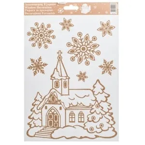 Autocolante Decorative Craciun Biserica Fulgi Glitter Sampaniu