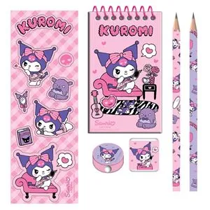 Set Scolar Kuromi cu Carnetel, Creioane, Radiera, Ascutitoare si Autocolante, Roz Mov, 6 piese