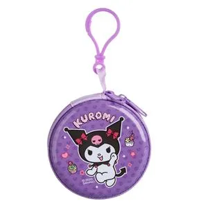 Portofel metalic mov Kuromi cu breloc pentru copii, 7,5x3 cm