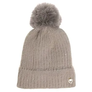 Căciulă tricotată taupe cu paiete, căptușeală fleece și pompon – poza 2