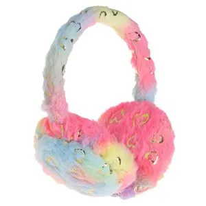 Aparatoare de urechi cu blana artificiala rainbow, decorate cu inimioare aurii, pentru fete