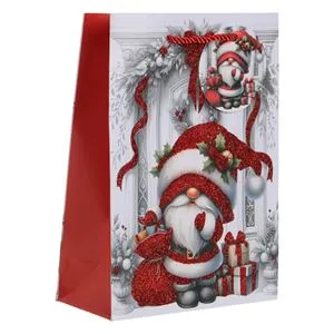 Sacosa cadou cu model de Craciun Gnome si glitter rosu, 18x8x24cm