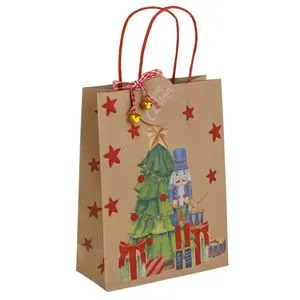 Sacosa cadou Craciun cu Spargator de Nuci si Clopotei, 18x8x24cm, Maro