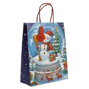 Sacosa cadou de Craciun cu model glob de zapada si ochi 3D, Albastra, 26x10x32cm