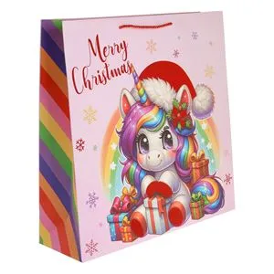 Sacosa cadou de Craciun, Roz, cu Model Unicorn si Fulgi, 45x18x45cm
