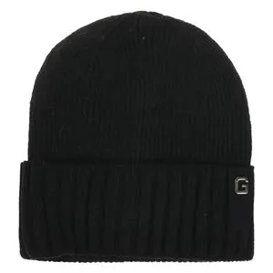 Căciulă tricotată neagră cu căptușeală fleece și patch PU pentru bărbați