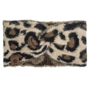 Bentiță de iarnă împletită bej cu model leopard și vinetă maro – poza 3