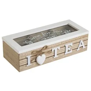 Cutie din Lemn cu 3 Compartimente pentru Plicuri de Ceai, 24x10x7cm, cu Capac cu Fereastra din Sticla