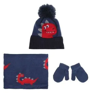Set Caciula cu Pompon, Fular Circular si Manusi cu Model Dinozaur pentru Copii, Albastru, 3 piese