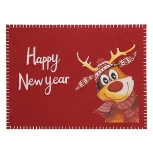Suport Farfurie Craciun Fetru Rosu cu Model Ren Happy New Year