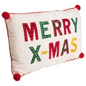 Perna Decorativă de Crăciun Albă cu Mesaj Brodat Merry X-Mas