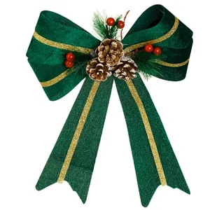 Fundită Decorativă de Crăciun Verde Catifelată cu Glitter și Conuri