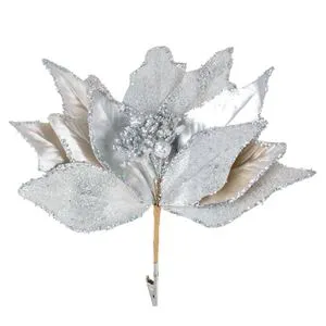 Floare decorativă de Crăciun argintie cu sclipici și cleme, 26 cm
