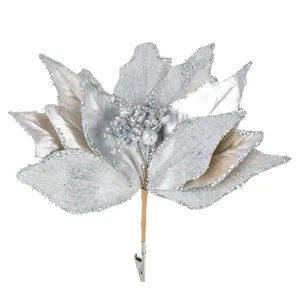 Floare decorativă de Crăciun argintie cu sclipici și cleme, 26 cm – poza 2