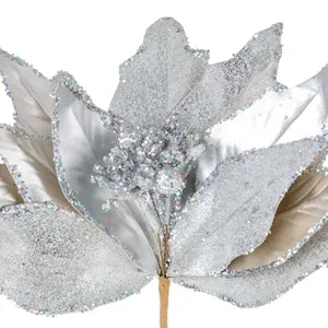 Floare decorativă de Crăciun argintie cu sclipici și cleme, 26 cm – poza 3